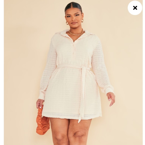 PLT Plus Cream Textured Tie Waist Shirt Dress - Picture 7 of 8